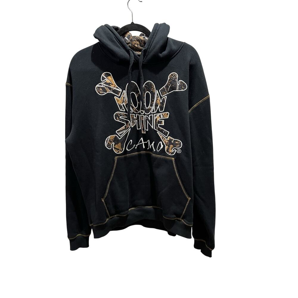 Moonshine Hoodie Sweatshirt Mens Sz L Black Camo Pullover Embroidered Hunting